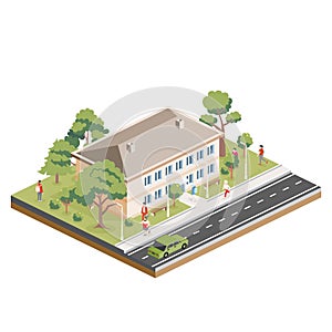 Isometric residential two storey building with people, road and trees. Icon or infographic element. City home. Architectural