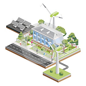 Isometric residential two storey building with solar panels and wind turbines. Green eco friendly house. Infographic element.