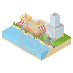 Isometric restaurant cafe and office on the beach, building block