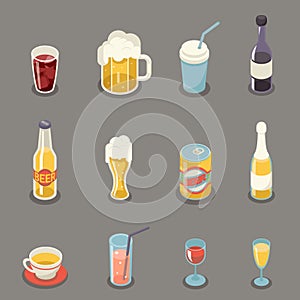 Isometric Retro Flat Alcohol Beer Juice Tea Wine Drink Icons and Symbols Set Vector Illustration