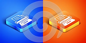 Isometric Retro typewriter and paper sheet icon isolated on blue and orange background. Square button. Vector