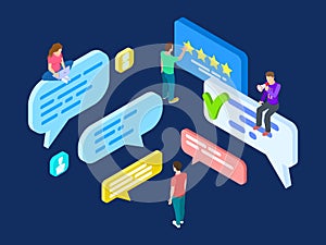 Isometric review vector. Feedback concept with people and speech bubbles