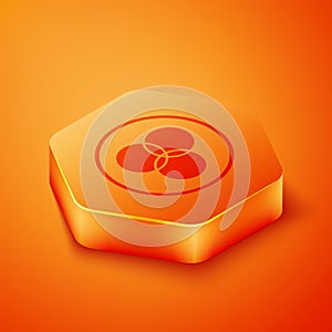 Isometric RGB and CMYK color mixing icon isolated on orange background. Orange hexagon button. Vector