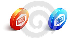 Isometric RGB and CMYK color mixing icon isolated on white background. Orange and blue circle button. Vector