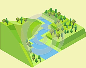Isometric river land with a river feature grass, trees, river and ground