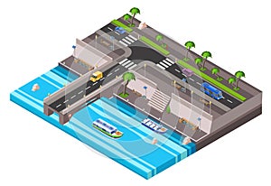 isometric riverside embankment car roadway