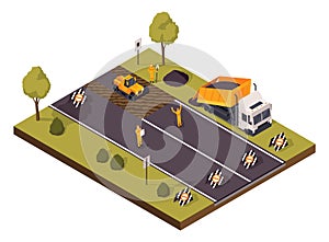 Isometric road construction scene concept. Worker, professional equipment and transportation. Asphalt compactor road