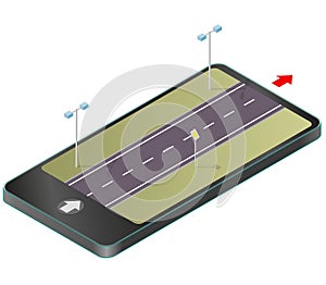 Isometric road in mobile phone. Roadway transportation in communication technologies, paraphrase. photo