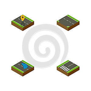 Isometric Road Set Of Plash, Navigation, Footpassenger And Other Vector Objects. Also Includes Footpassenger, Footer