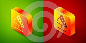 Isometric Road sign avalanches icon isolated on green and red background. Snowslide or snowslip rapid flow of snow down