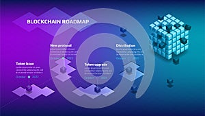 Isometric roadmap for blockchain or cryptocurrency project with big and small cubes on purple blue background. Infographic