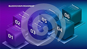 Isometric roadmap for blockchain or cryptocurrency project with flying cubes and copy space on purple blue background. Infographic