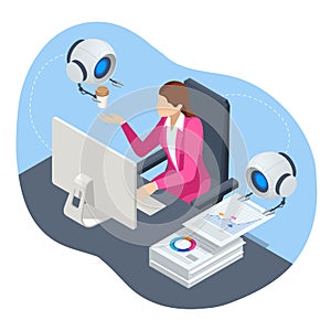 Isometric robot analyzes the database. Artificial intelligence working for big data analysis. Data analysis artificial