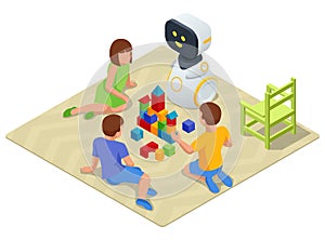 Isometric Robot Baby Sitter Playing Cubes With Children. Robot nanny and kids playing educational toys at kindergarten