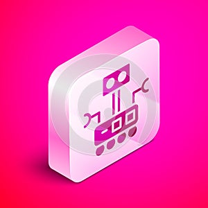 Isometric Robot icon isolated on pink background. Artificial intelligence, machine learning, cloud computing. Silver