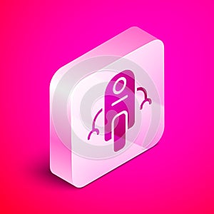 Isometric Robot icon isolated on pink background. Artificial intelligence, machine learning, cloud computing. Silver