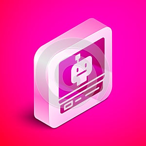 Isometric Robot icon isolated on pink background. Artificial intelligence, machine learning, cloud computing. Silver