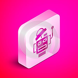 Isometric Robot icon isolated on pink background. Artificial intelligence, machine learning, cloud computing. Silver