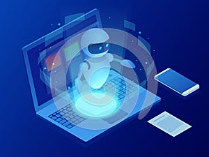 Isometric robot learning or solving problems concept. Artificial intelligence business vector illustration. Science