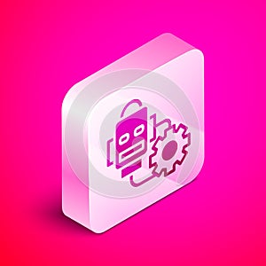 Isometric Robot setting icon isolated on pink background. Artificial intelligence, machine learning, cloud computing