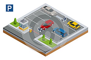 Isometric robot valet parking cars. Outdoor valet parking robot. Automated parking systems for cars Self-driving