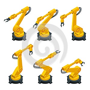 Isometric robotic arm, hand, industrial robot flat vector icons set. Robotics Industry Insights. Automotive and