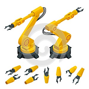 Isometric robotic arm, hand, industrial robot flat vector icons set. Robotics Industry Insights. Automotive and