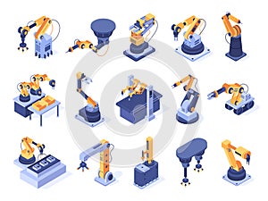 Isometric robotic arm. Industrial factory machines, manufacturing automatisation and production line robot arms 3d