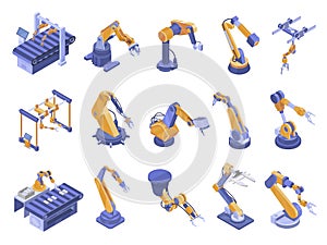 Isometric robotic arm set vector illustration innovation industrial factory machines robot arms