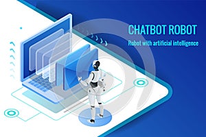 Isometric robots man with artificial intelligence working with a virtual interface in chatbot emails. Message online photo