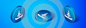 Isometric Rocket icon isolated on blue background. Blue circle button. Vector