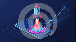 Isometric Rocket Launch Mobile App Growth Concept