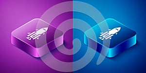 Isometric Rocket ship with fire icon isolated on blue and purple background. Space travel. Square button. Vector