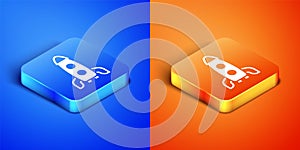 Isometric Rocket ship icon isolated on blue and orange background. Space travel. Square button. Vector