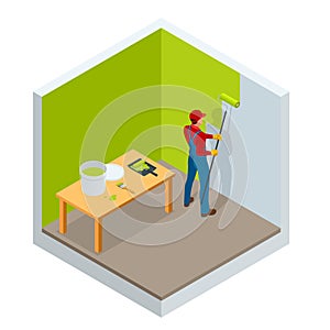 Isometric roller brush painting, worker painting on steel surface wall by the roller brush for protection and corrosion