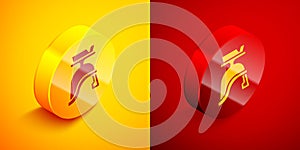 Isometric Roman army helmet icon isolated on orange and red background. Circle button. Vector