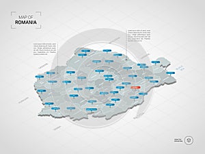 Isometric Romania map with city names and administrative divisions.