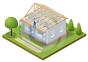 Isometric roofing construction. Concept of residential building under construction. House under construction. Roof