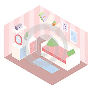 Isometric room interior. Apartment in pink colors and white furniture. Girl bedroom design with sofa, shelves, mirror. Vector illu