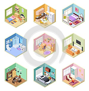 Isometric rooms. Designed house, living room kitchen bathroom bedroom toilet apartment interior with furniture 3d vector