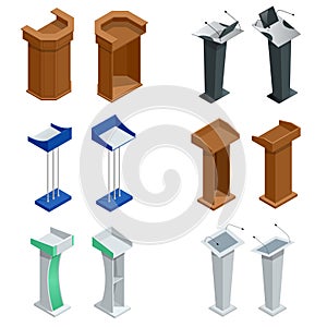 Isometric rostrum, podium, tribune with microphones. Vector