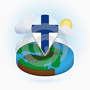 Isometric round map of Finland and point marker with flag of Finland. Cloud and sun on background