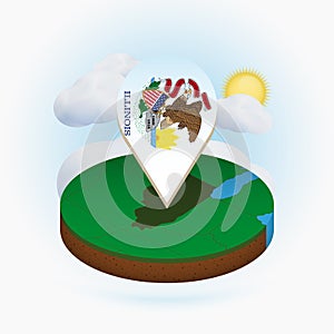 Isometric round map of US state Illinois and point marker with flag of IllinoisÑŽ Cloud and sun on background