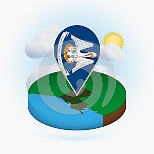 Isometric round map of US state Louisiana and point marker with flag of Louisiana. Cloud and sun on background