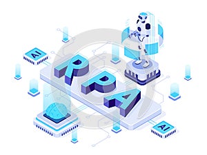 Isometric RPA. Robotic process automation, futuristic artificial intelligence robots and AI learning vector illustration
