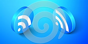 Isometric RSS icon isolated on blue background. Radio signal. RSS feed symbol. Blue circle button. Vector