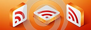 Isometric RSS icon isolated on orange background. Radio signal. RSS feed symbol. Orange square button. Vector