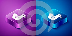 Isometric Rubber duck icon isolated on blue and purple background. Square button. Vector