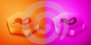 Isometric Rubber duck icon isolated on orange and pink background. Hexagon button. Vector