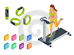 Isometric running on a treadmill and fitness bracelet or tracker isolated on white. Sports accessories, a wristband with